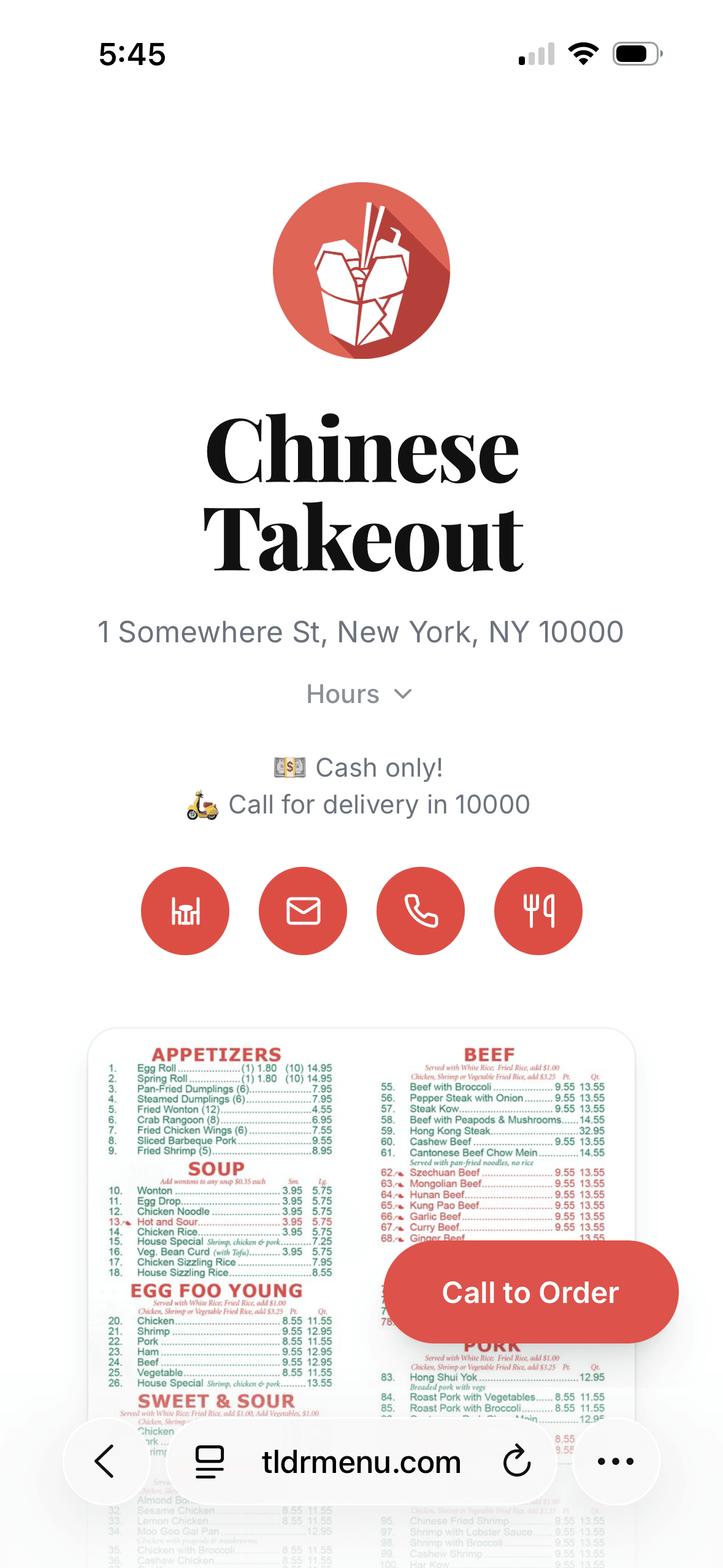 Chinese Takeout menu page on TLDR Menu
